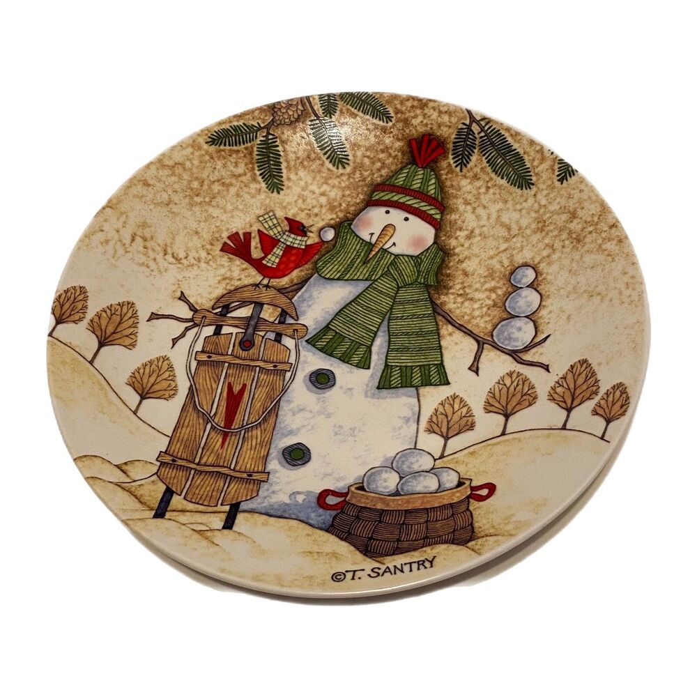 T. Santry Snowman Decorative Christmas Holiday 8” Plate Snowman Snowballs Sled